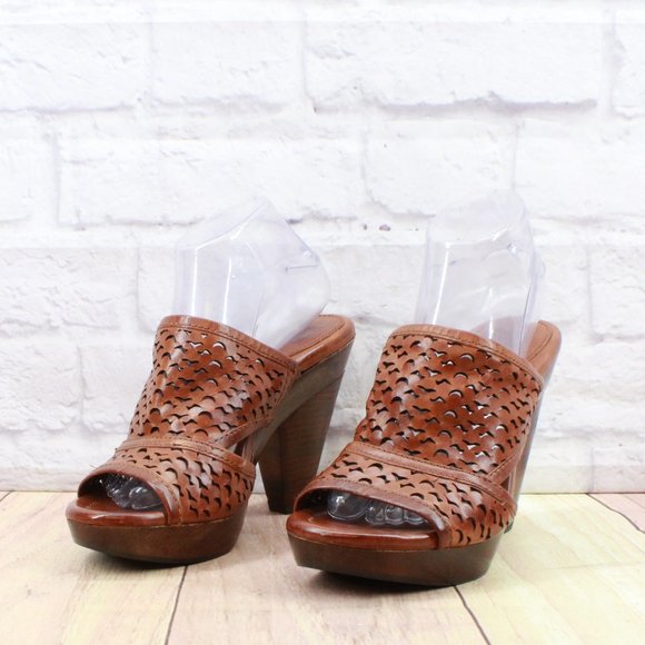 Frye Sage Cut Brown Leather Slip On Platform Heeled Sandals Size 9 Medium - Picture 2 of 9